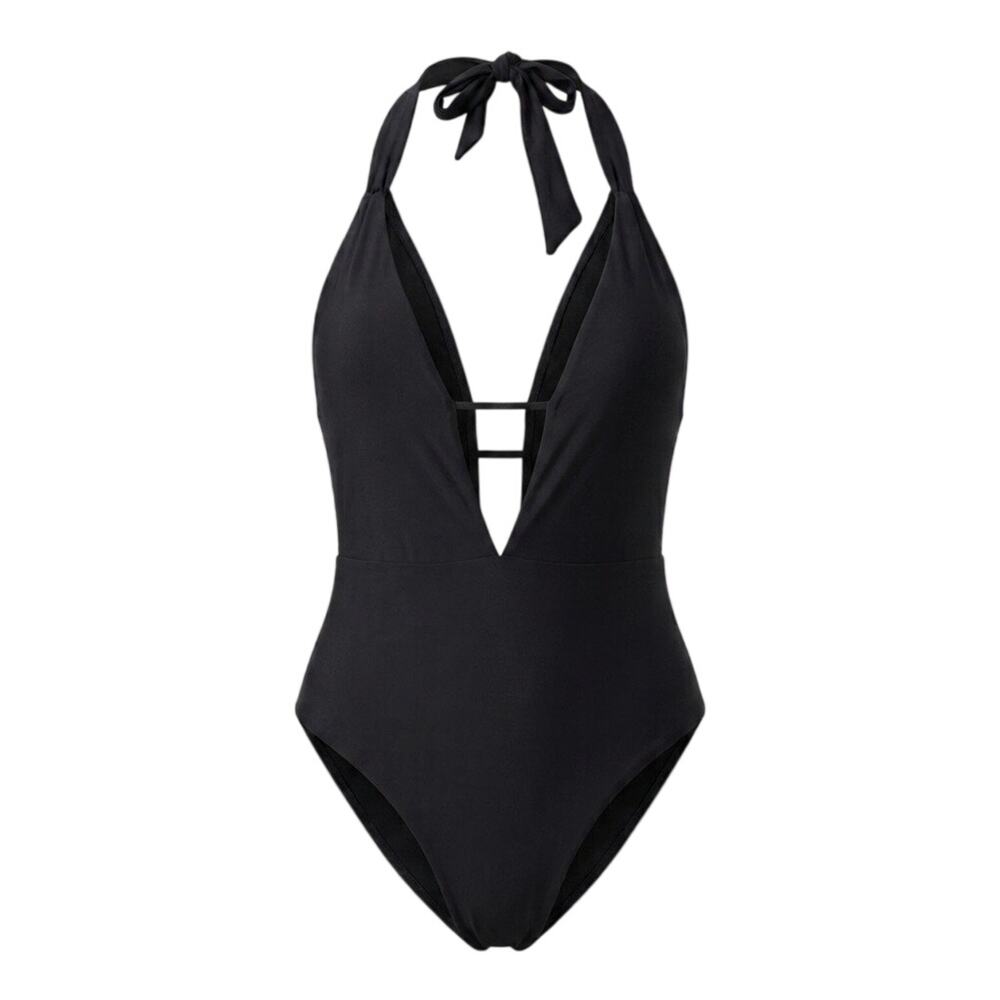 Sunshine 79 Black Plunging Halter One Piece Swimsuit Shaping Fit Front Tie 6 NWT